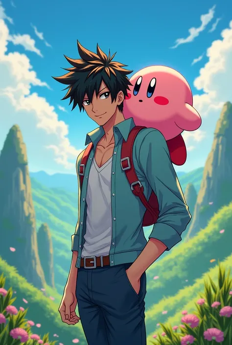 Adult anime boy carrying Kirby on his shoulder 