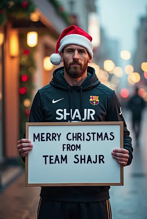 make an image of Messi wearing a hoodie "SHAJR" in dubai holding a white board with text "MERRY CHRISTMAS FROM TEAM SHAJR". Make this image realistic and not an animated version. it should feel like real photography and Messi wearing Christmas hat