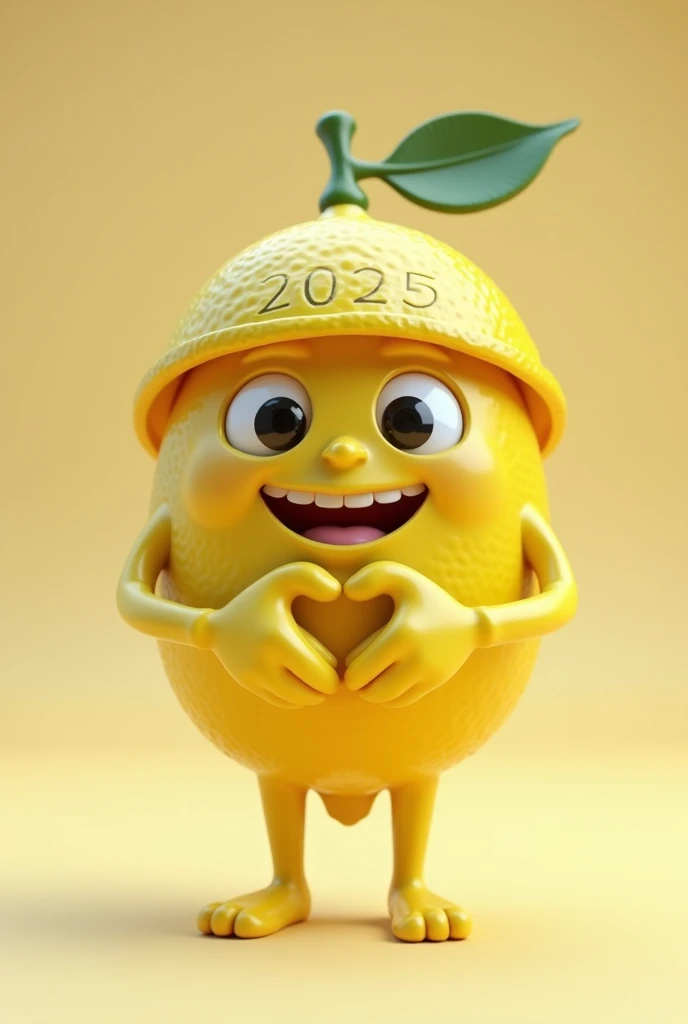 A lemon with a face only eyes and mouth and has a hat that says 2025 has two hands that make a heart 3d image