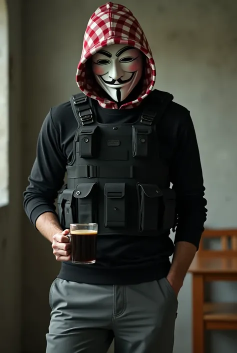 Anonymous masked man, very small checkered hood with red and white color combination,Black long sleeve casual t-shirt,Army bulletproof vest,Gray 3/4 pants,one hand holding a Glass of black coffee, There is a wooden chair right behind it,The pose of walking...