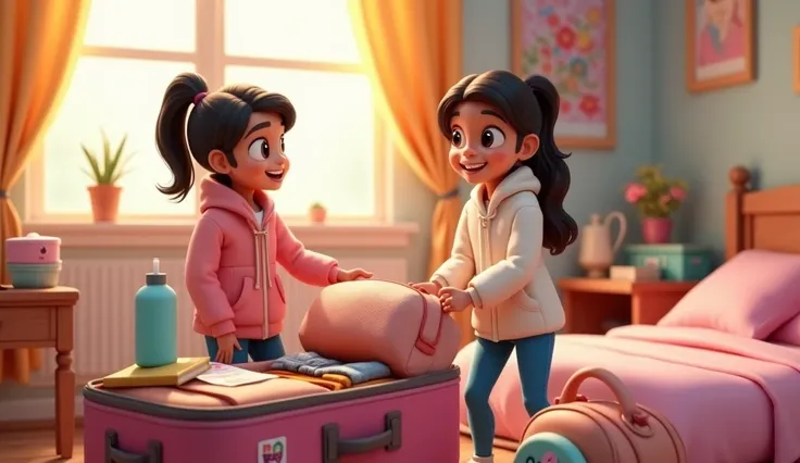 Mirha and Ayeshas Appearance:

Both sisters are wearing matching warm jackets (light pink or white) paired with blue jeans.
Their hair is open and neatly combed.
Mirha has a cheerful smile on her face as she packs her belongings.
Ayesha is zipping up a bag...