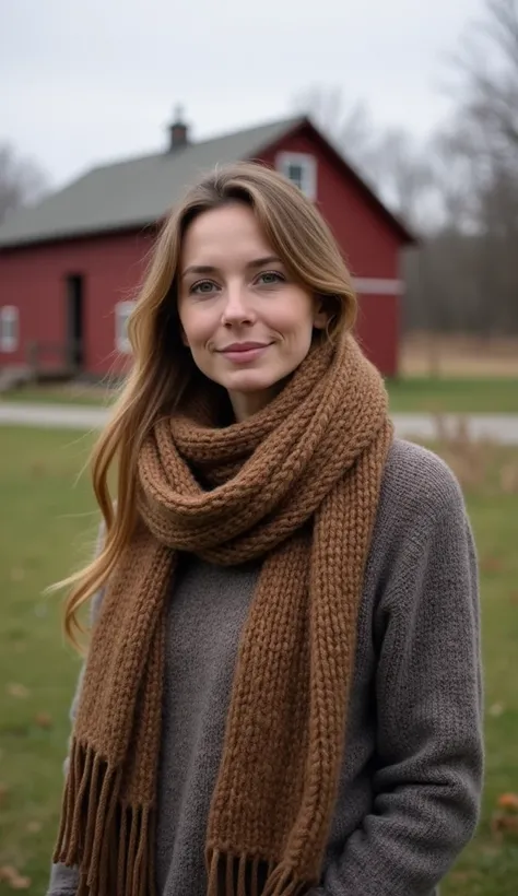 A 37-year-old woman wearing a scarf and sweater, standing near a countryside barn.