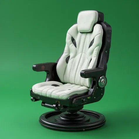 a white cockpit sci fi chair with white and black leather, Green Background