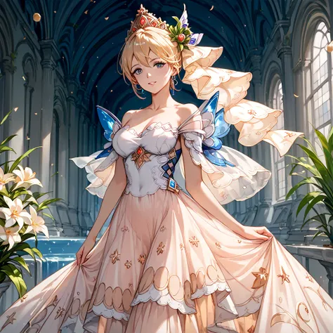 (( top quality )), ((masterpiece)), ( Details), （ perfect face）、Blonde Europa is wearing a gorgeous and beautiful clear light blue see-through dress