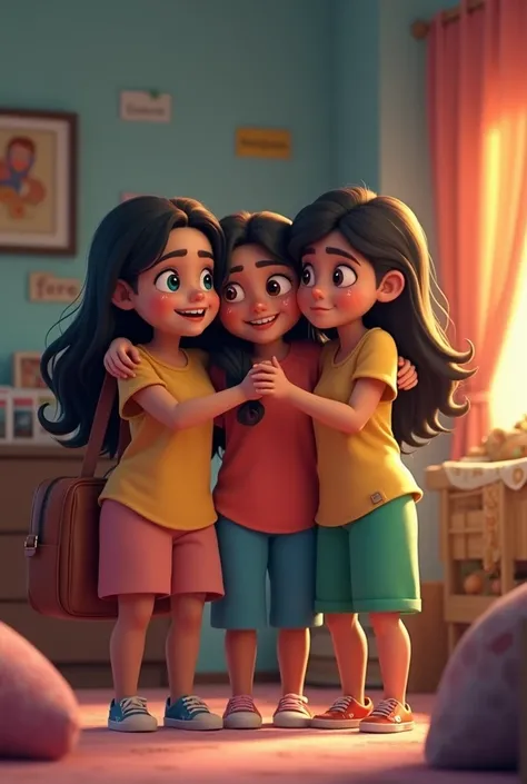 Create a cinematic 3d cartoon style "Illustrate a heartfelt farewell scene in the hostel. Bhumika, carrying a bag, is hugging Aanchal, Anshika, and Purva, all of whom have teary eyes. The room has a mix of sadness and warmth, with personal belongings packe...