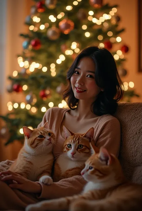  Christmas night　 Asian beauty with medium dark hair relaxing with cats。可愛い笑顔を見せている。 big Christmas tree in the room showing a cute smile 。Hi-Vision 8k 