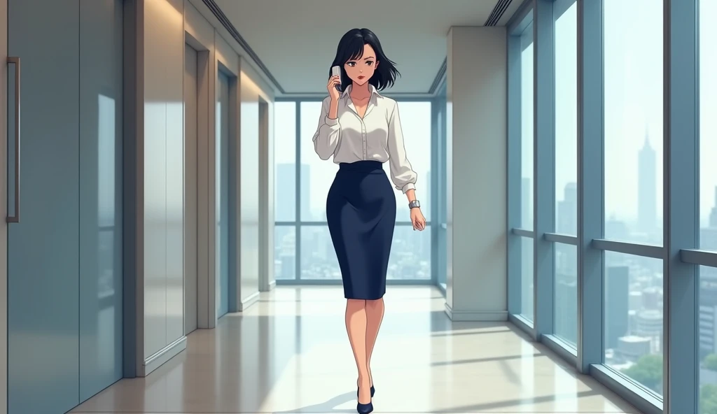 A modern office hallway with sleek, minimalist design, featuring clean lines, neutral tones, and soft natural lighting. An Nhien, a digital anime-style character, 35-year-old woman with black layered bob hair, light skin, and a slim, professional build, is...