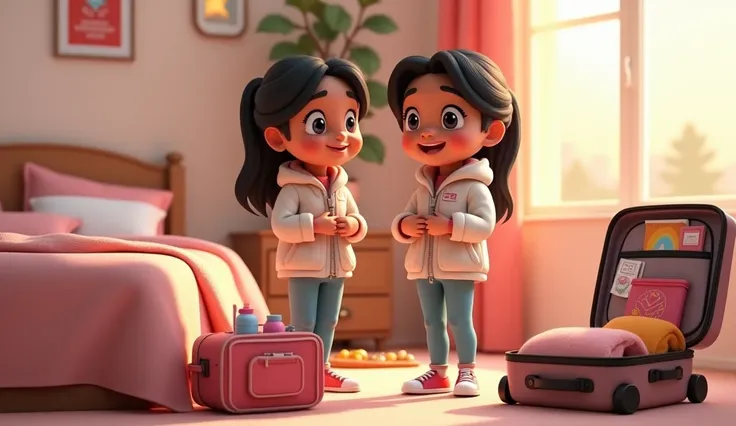 Mirha and Ayeshas Appearance:

Both sisters are wearing matching warm jackets (light pink or white) paired with blue jeans.
Their hair is open and neatly combed.
Mirha has a cheerful smile on her face as she packs her belongings.
Ayesha is zipping up a bag...