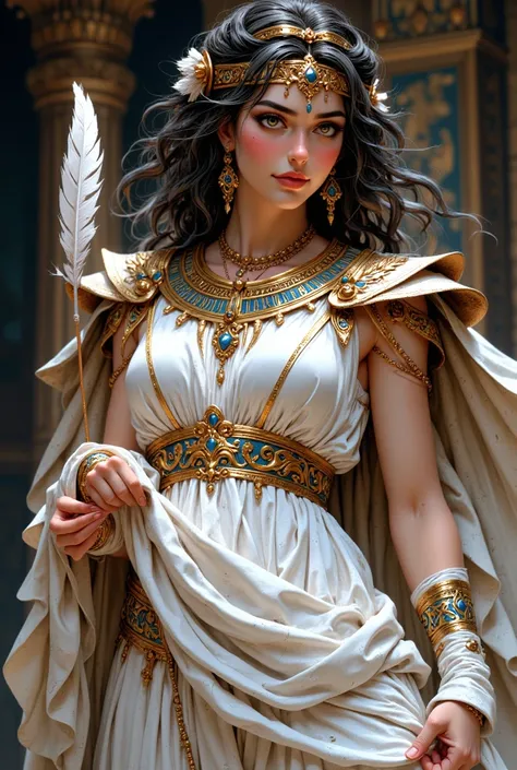 arafed woman in a white dress holding a white feather, goddess. extremely high detail, goddess of greek mythology, beautiful goddess, portrait of a beautiful goddess, greek goddess athena, the goddess artemis smirking, 3 d goddess minerva, a stunning portr...