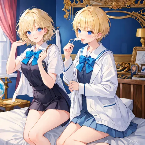 blond male student(Short Hair)Im licking the drops of milk spilled on my hands on the bed