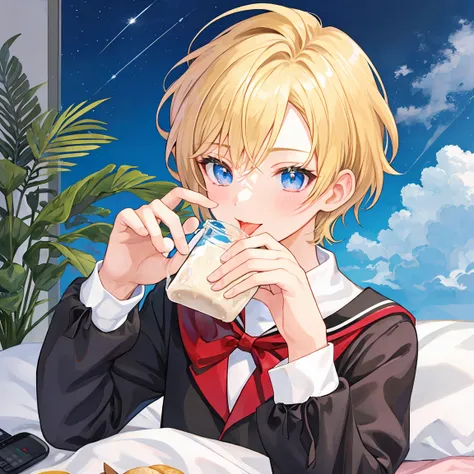 blond male student(Short Hair)Im licking the drops of milk spilled on my hands on the bed