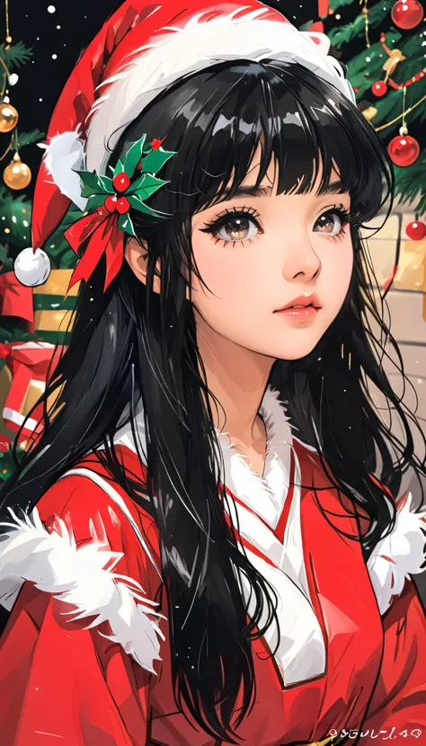  super zoom up on her face 、Close-up、sketch、KAWABI SAI、 girl、 black hair、 straight long hair、bangs、 princess cut、 Santa cosplay 、 Christmas、