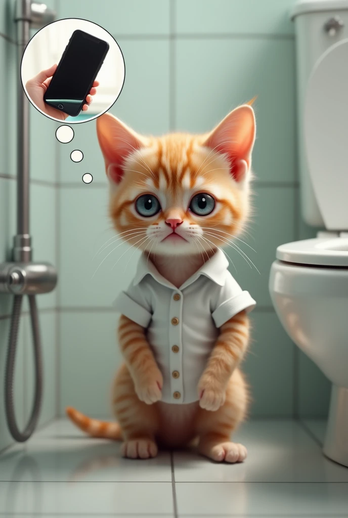 Prompt: A light red kitten is standing in a modern, clean bathroom, visibly crying, with large teardrops falling from its eyes. The kitten looks heartbroken, wearing a white buttoned shirt, and staring at the toilet in despair. To the side of the image, th...