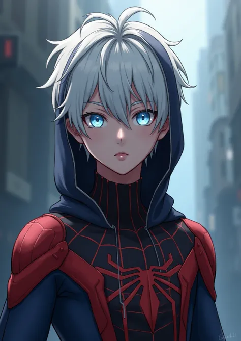 A 17-year-old boy with white hair ,  textured, disheveled hair style, il porte le costume de spiderman le masque comme un bonnet, Azure blue eyes, style anime, le tout des yeux blanc, The white eyebrows