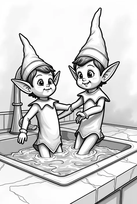 Make coloring book pages with 2  elf on the shelf one elf is in sink looks like he stuck under thin ice half body  and other trys to pull him out