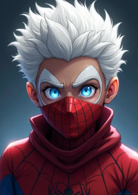 A boy with white hair wearing the Spider-Man costume raises the mask, yeux bleu azure brillant, musclé, le tour des yeux blanc et les sourciles de couleur Blanc