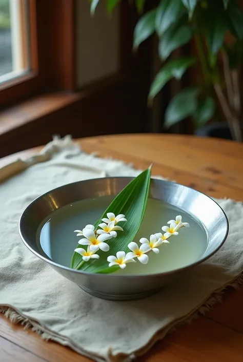 Create an image, Songkran atmosphere
Silver bowl without pattern, filled with clean water
Sprinkle with small white jasmine flowers
Arrange 2 leaves, alternating, stylish
There is a jasmine garland, arranged on 1 piece

Arranged on a banana leaf, composed ...