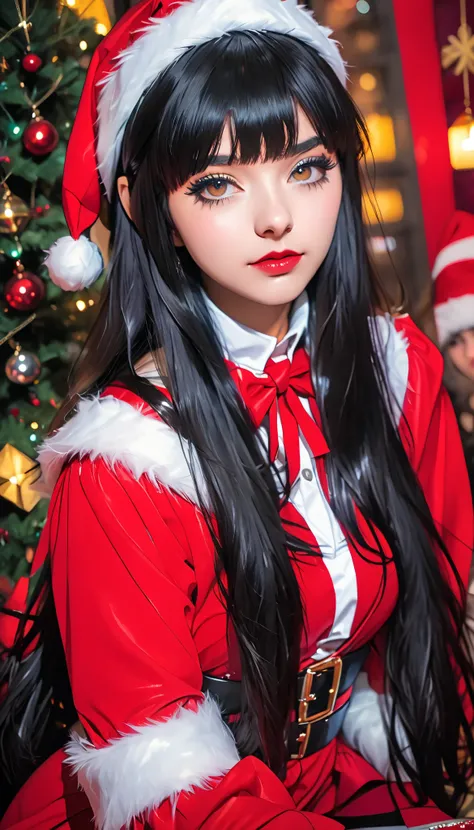 super zoom up on her face 、Close-up、 girl、 black hair、 straight long hair、bangs、 princess cut、sexy Santa cosplay、 Christmas、
