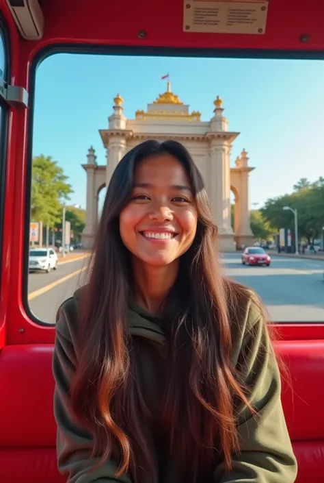 Prompt:
“A long-haired Indonesian woman, wearing a hoodie, was sitting on a bright red open bus in the outdoor background. In the background there is a magnificent city gate with the inscription "BANYUWANGI “, a clear blue sky, and a warm atmosphere. Natur...