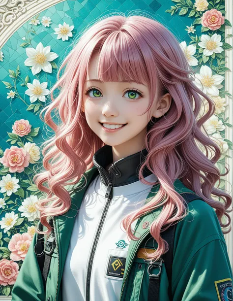  top quality , masterpiece,  extremely detailed,   detailed background,  One girl ,  young girl,  Pink Hair、 long hair、blunt bangs、( pop art )、(((black and green Xbox headphone)))、 Cheerful Expressions 、smile、Show your teeth、 cyberpunk、(((Yumekawa color)))...