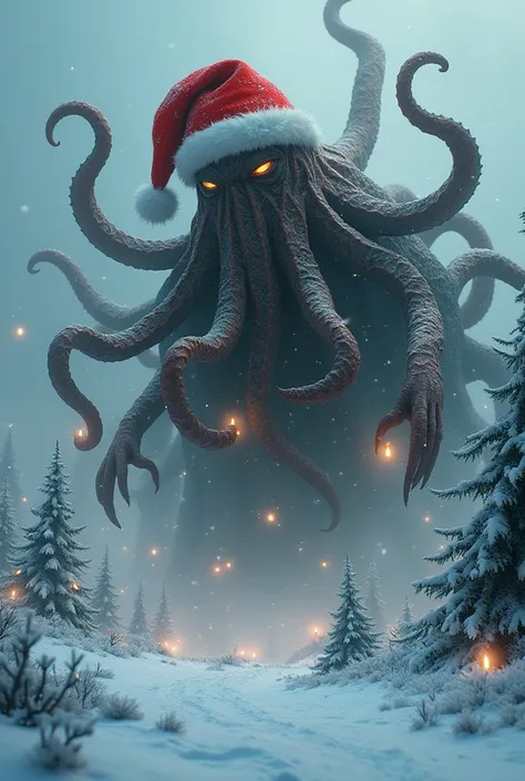 a Cthulhu creature wearing a Santa Claus hat, Christmas decorations, snowy landscape, Lovecraftian atmosphere, detailed, 8k, masterpiece