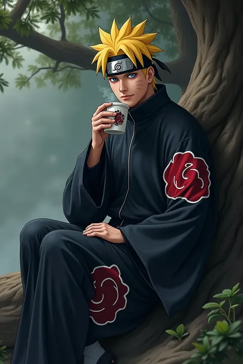 stunning portrait of Naruto Uzumaki, legendary ninja from the Naruto universe, wearing the iconic Akatsuki robe, 1 male, detailed facial features, blue eyes, chiseled jawline, sharp gaze, spiky yellow hair, Akatsuki robe with red cloud pattern, highly deta...