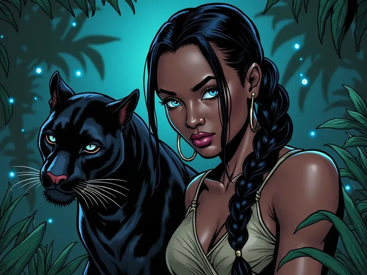 Marvel comic panel: A black-skinned woman with light blue eyes and long black braids, wearing a Papuans. She is hunting in middle of the jungle at night, and she keeps a panther. There are fireflys around her 