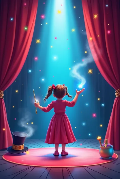 A stage show background featuring a young girl performing magic tricks. The scene includes a vibrant stage with curtains, spotlights highlighting the girl, and magical props like a wand, a hat, and a floating object. The atmosphere is lively, with colorful...