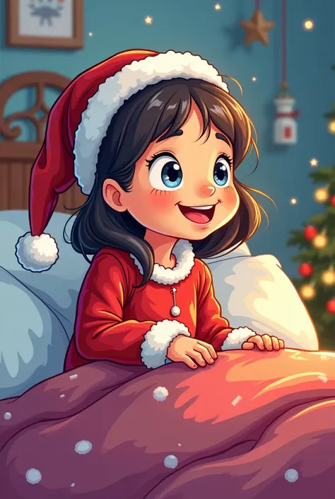 The girl sitting up in bed, eager to see what Santa has brought early morning. line art illustration colourful