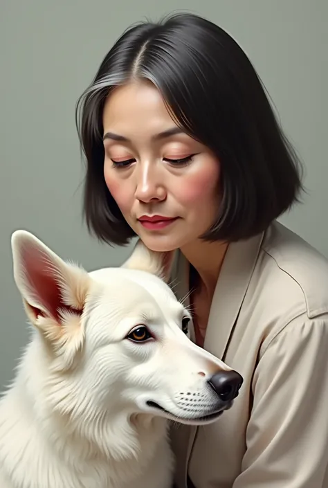 The woman is slightly older ,  the hair is straight and darker and the dog is white. 