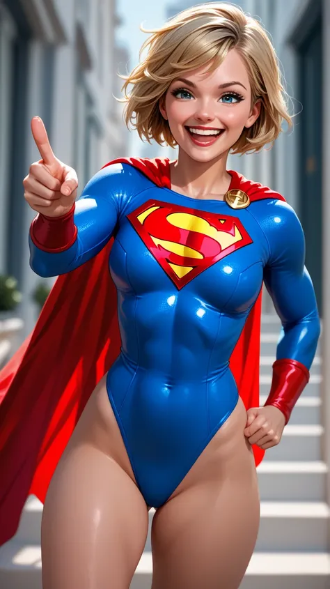 A super girl looking very cute short hair and wearing superman costume have cute face pointing and laughing alot beach in the background 