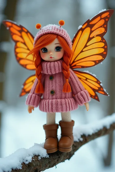 A whimsical fairy-like figure with vibrant red hair, adorned in a pink sweater and brown boots, stands atop a snowy branch. Her wings are an intricate blend of orange and yellow hues, mimicking the colors of autumn leaves. She gazes directly into the camer...