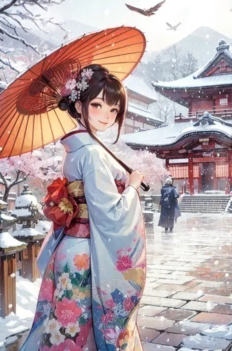 1lady standing, /(elegant kimono/), mature female, /(brown hair/) bangs, blush light smile, (masterpiece best quality:1.2) delicate illustration ultra-detailed BREAK holding a (Japanese umbrella) BREAK /(Japanese temple blanketed in snow/) Kyoto, (falling ...