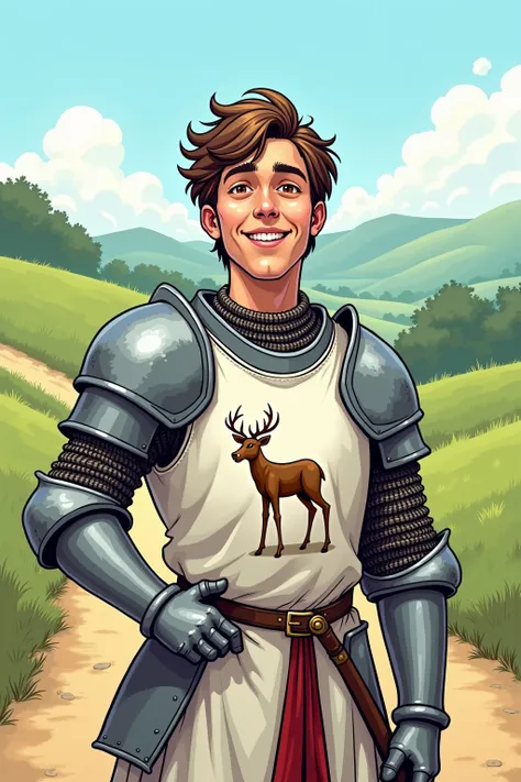 A striking classic comic-style depiction of a young knight, around 25 years old, standing in a confident pose. He has a plain yet rugged face, with shaggy brown hair falling just above his hazel eyes. His cleft chin, crooked nose, and a faint scar near his...