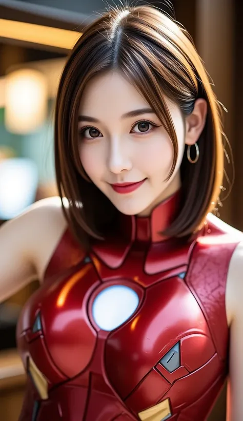 12Ｋ、ＨＤＲ、 bits deep 10 bits 、Iron Man Costume、 charming posing、 (  realistic  ) , (photo  realistic  :1.4), masterpiece,  so delicate and beautiful ,  very detailed bust ,smile、(  light brown hair )、A woman who exudes adult appeal  、 clear white skin  、  ha...