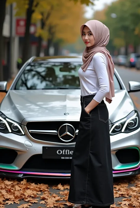 Realistic photography foto asli close up wanita cantik korea ,pakai hijab jaket dan kaos putih,rok panjang jeans hitam dan sneaker,berdiri di samping sport car MERCEDEZ BENZ E 300 warna silver metalik chrome dengan kombinasi warna pelangi, full modifikasi,...