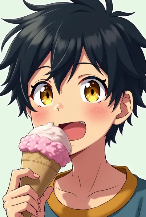  An anime boy with black short hair, yellow eyes eating an ice cream