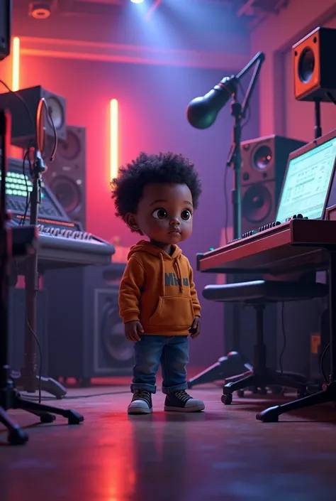 Un enfant noir qui pose des questions dans un studio denregistrement 