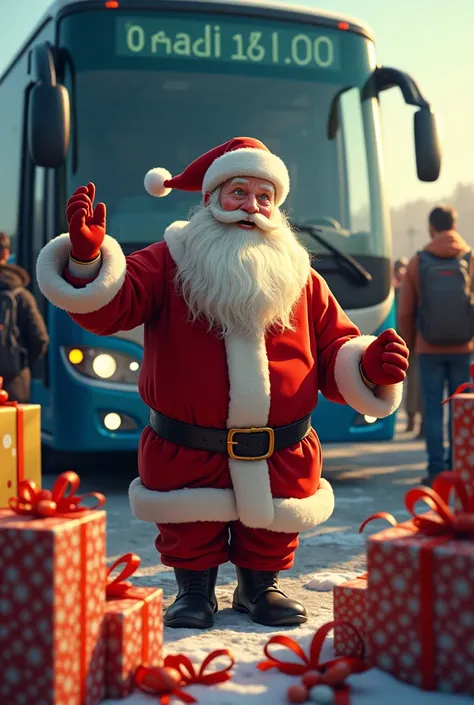  Santa Claus is standing desperately in front of a coach. Background bus station .,  around him lots of gifts . 