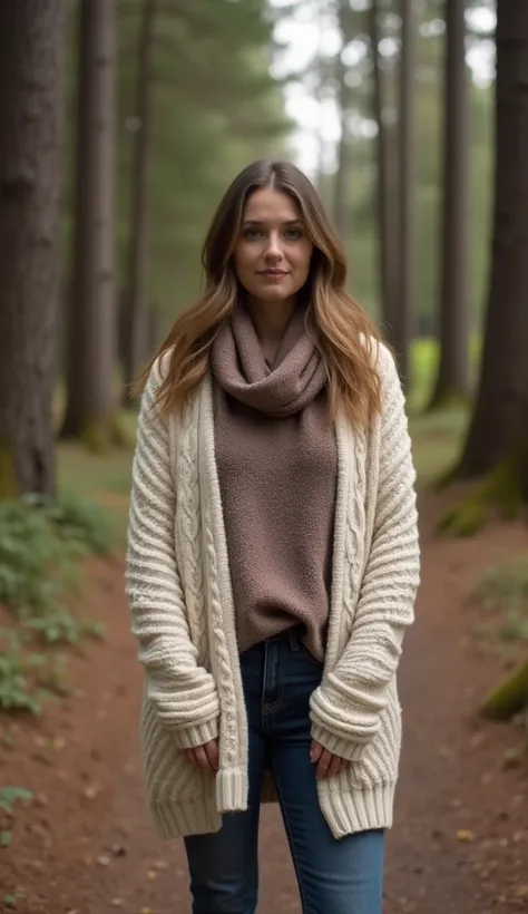 A 35-year-old woman in a cozy cardigan, standing on a forest path with tall trees around.