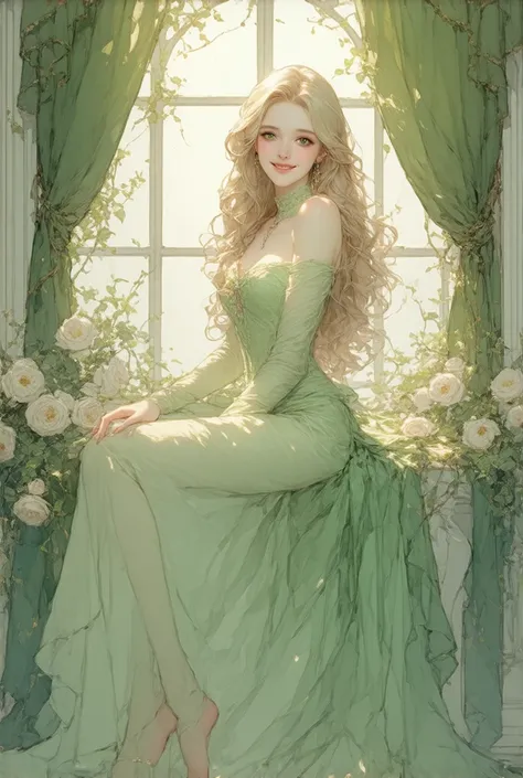 (Beautiful 20-year-old girl)+++, long wavy blonde hair, vivid green eyes, wearing a modest light green pompuous gown with intricate patterns, sitting gracefully by an ornate window with flowing curtains, soft smile, illustration, art by Alphonse Mucha, dyn...