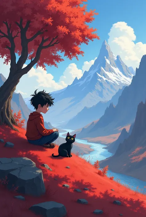 A  is sitting on a hill, with a black cat by his side. The color of the hill is red, the boys hair is big. So there are only big mountains and a river in front. A big tree next to him