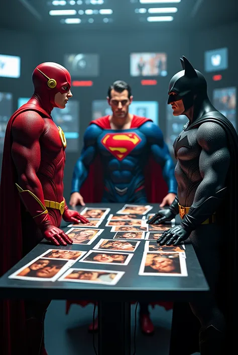 A table with the three heroes arguing, showing images of Flash with his girlfriends in different romantic scenarios.