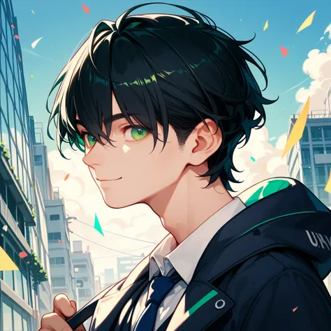 score_9, score_8_ up, score_7_ up,((8k)),1boy,university student, black hair,Trimmed short hair,Blue-green eyes,clean fashion,(smile:0.8),Tall,bright,Alone