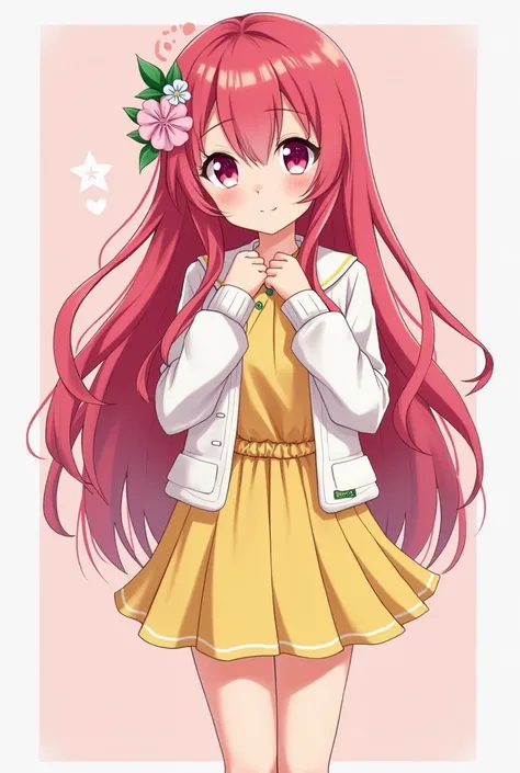 I want to design the character of a girl from Manga who has long pink red hair and pink eyes as if she is bloody wearing cute white and yellow clothes. Her character is cute, bold, naive and affectionate وان تكون ماضجة وليست صغيرة
