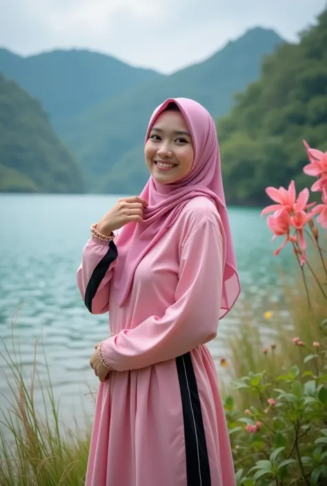  A beautiful Indonesian woman.wearing hijab.wearing a pink dress with black stripes .smiling standing while posing in a stylish pose on the shore of Lake Toba with ornate flower plants with a beautiful view of the green hills.photograpy, reality, ultra hd ...