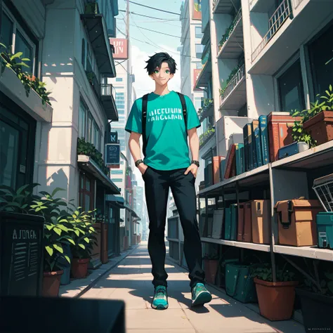 score_9, score_8_ up, score_7_ up,((8k)),1boy,university student, black hair, straight short hair,Blue-green eyes,clean fashion,(smile:0.8),Tall,bright,Alone