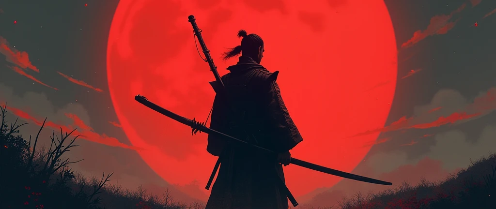 a man standing in front of a red moon with a long bow, red moon,  inspired by Kano Hogai ,  Japanese art style, blood moon, blood red moon, praise the blood moon, during a blood moon,  moon bull samurai , By Torii Kiyomasu,  samurai vagabond ,  samurai sty...