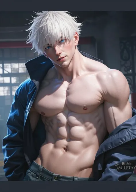 Man with white hair, muscle, azure blue eyes