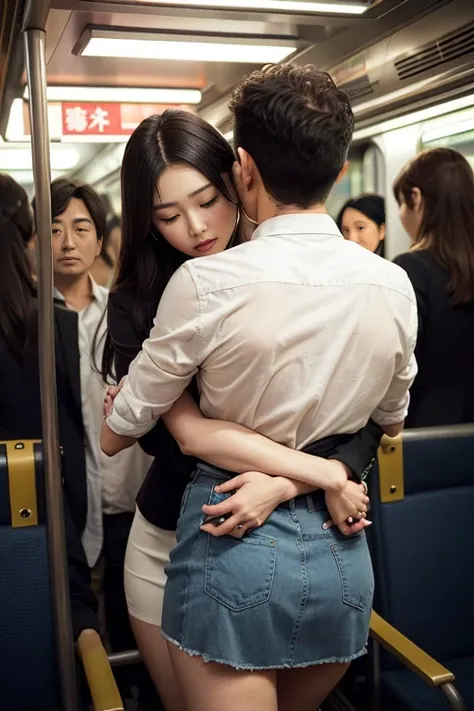 crowded train, Japan , Handsome man hugging her from behind, Talking in her ear, lift her up, Mini skirt rolled up upwards,The girl&#39;s panties are pulled down to her knees、 40k, photograph, masterpiece, highest quality, dark gray background, An elderly ...